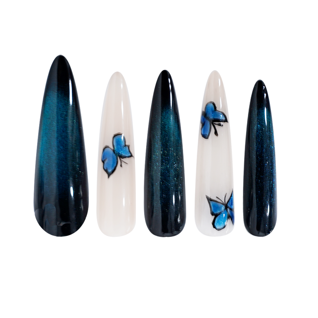 Siva Nail,Midnight Blue Ombre Butterfly Handmade Press on Nails