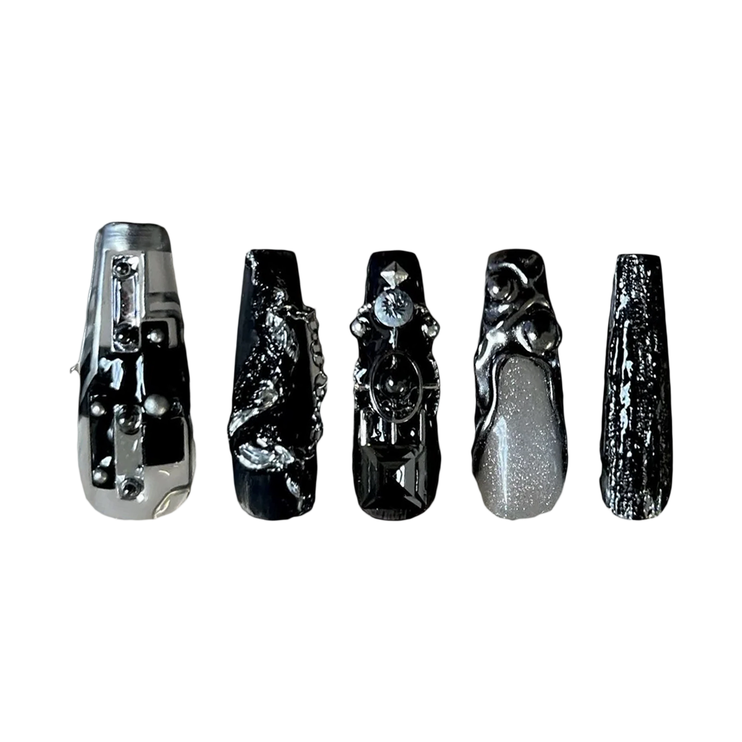 Siva Nail, Midnight Chains, Gothic Metal Style Handmade Press on Nails