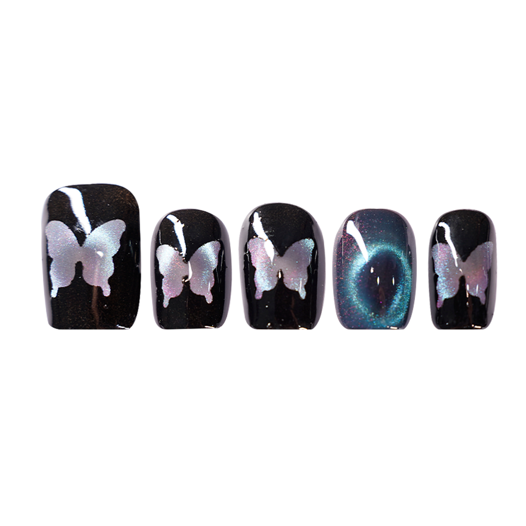 Siva Nail, Midnight Flutter – Schillernder Schmetterling, handgefertigtes Press-on-Nägel