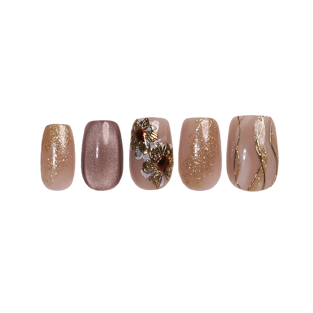 Siva Nail, Mocha Shimmer, Floral Handmade Press on Nails
