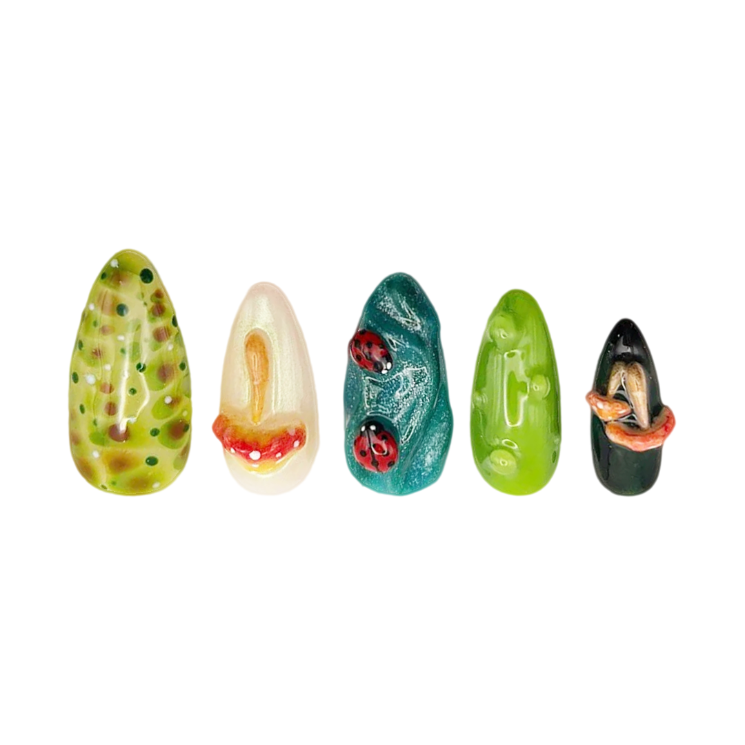 Siva Nail, Mushroom Garden Press-On Nails – Ladybug & Worm Handmade Press on Nails