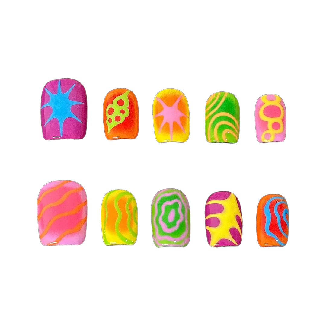 Siva Nail, Neon Pop, Psychedelic Swirl Handmade Press on Nails