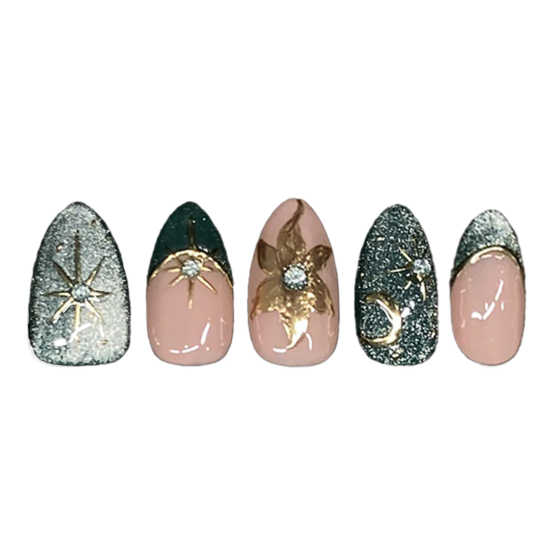 Siva Nail,Neon Witch Goth Stiletto Set – Cat Eye, Gold Stars & Chrome Handmade Press on Nails