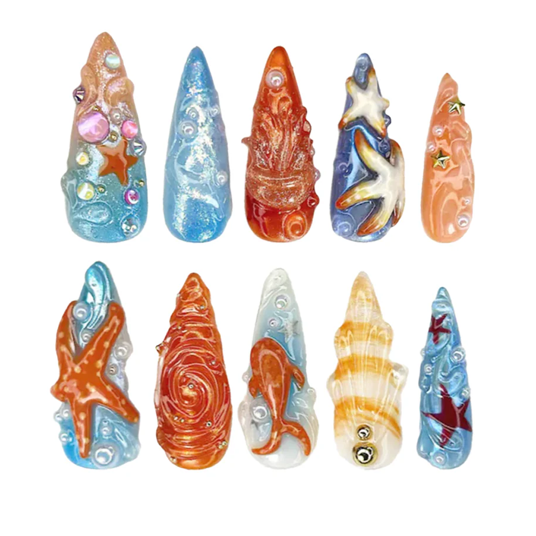 Siva Nail, Ocean Galaxy Fantasy – Mermaid & Starfish Handmade Press on Nails
