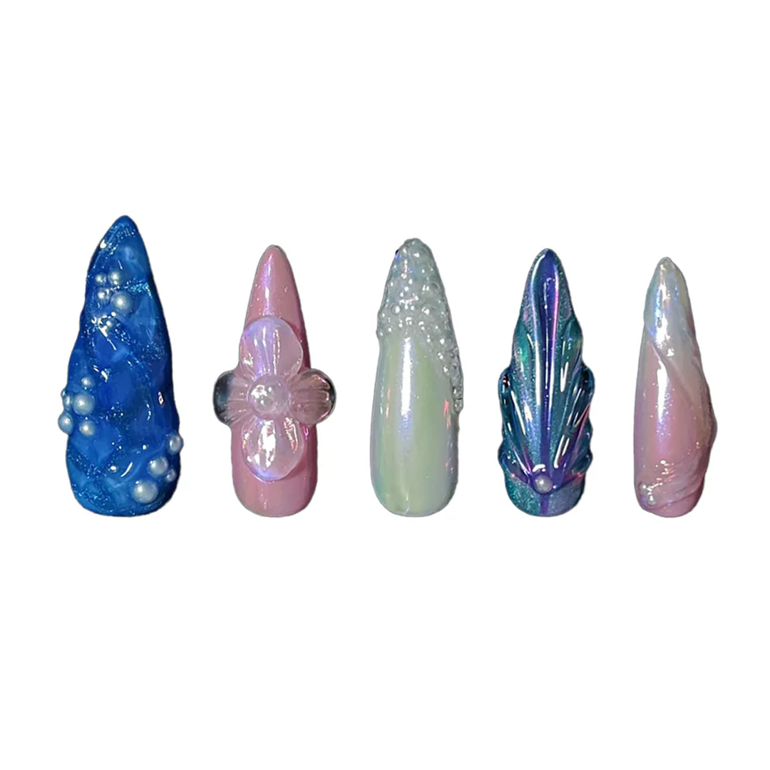 Siva Nail, Ocean Rose, Floral Pearl Fantasy, Handmade Press on Nails