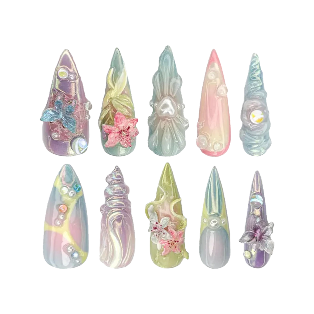 Siva Nail, Pastel Fantasy 3D – Iridescent Floral & Butterfly Design, Handmade Press on Nails