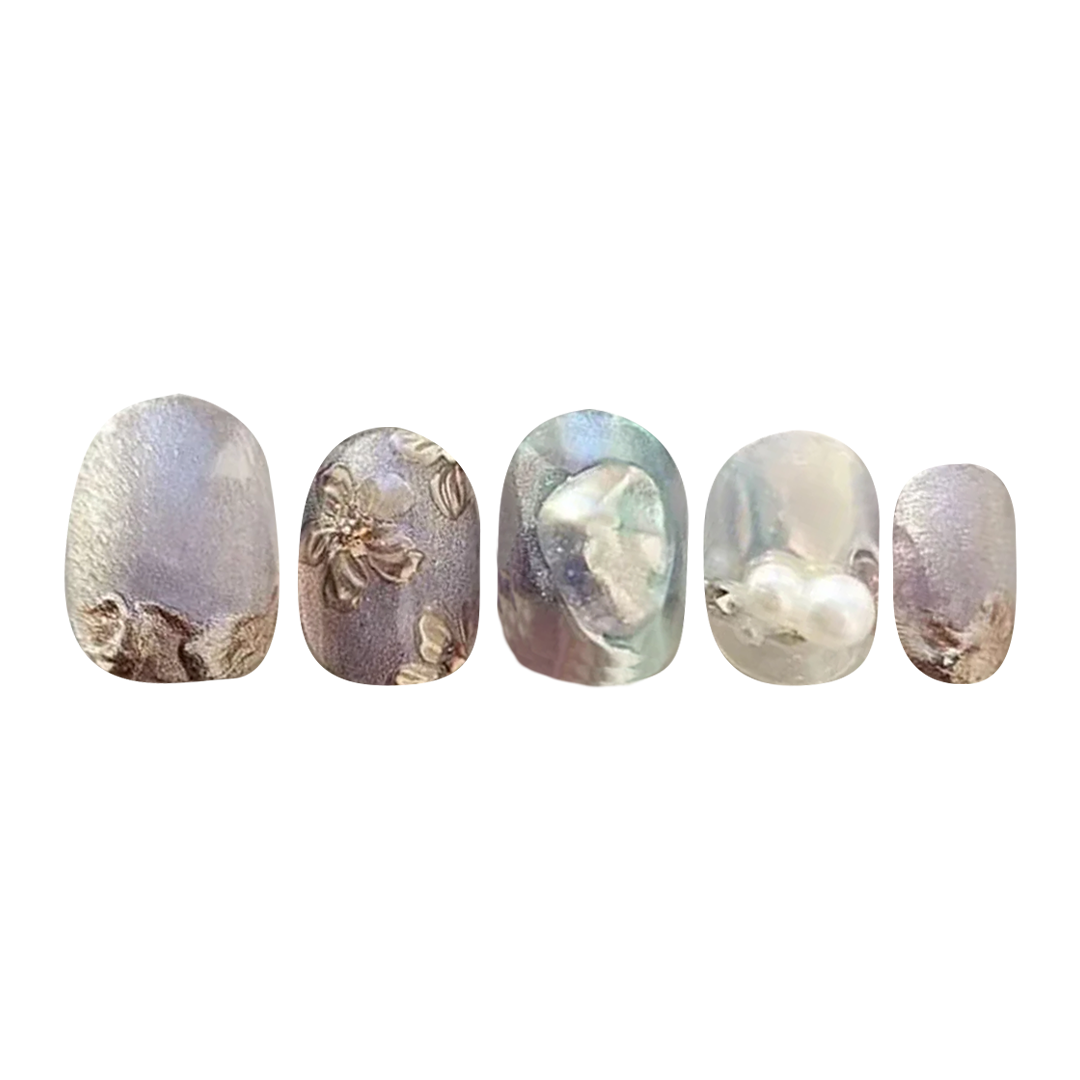 Siva Nail, Pearl Petals, Ethereal Bloom, Handmade Press on Nails
