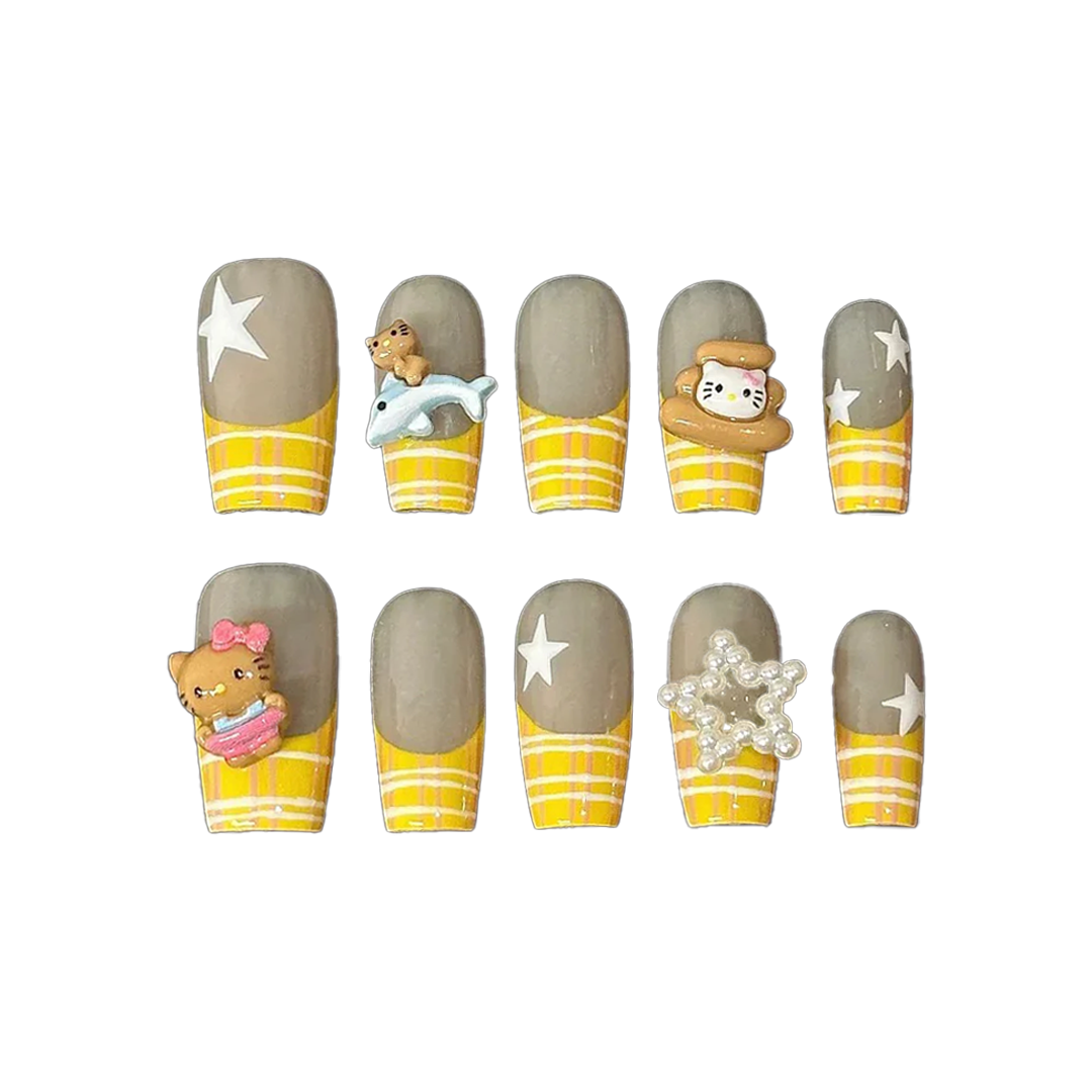 Siva Nail, Plaid Pals, Kawaii Charm Handmade Press on Nails