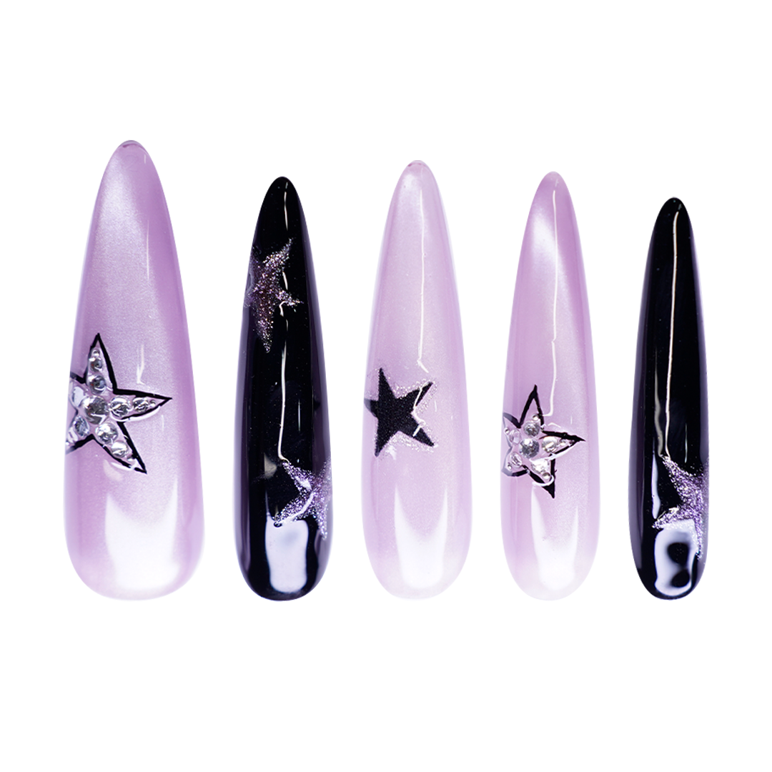 Siva Nail, Purple - Black Star - Accent Handmade Press on Nails