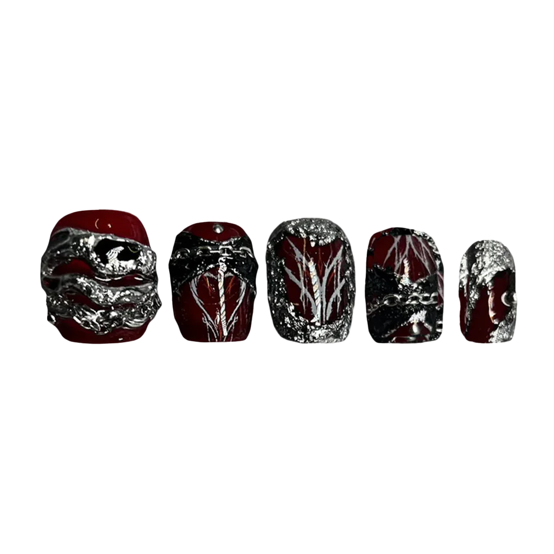 Siva Nail, Ruby Revelry, Regal Chains, Handmade Press on Nails