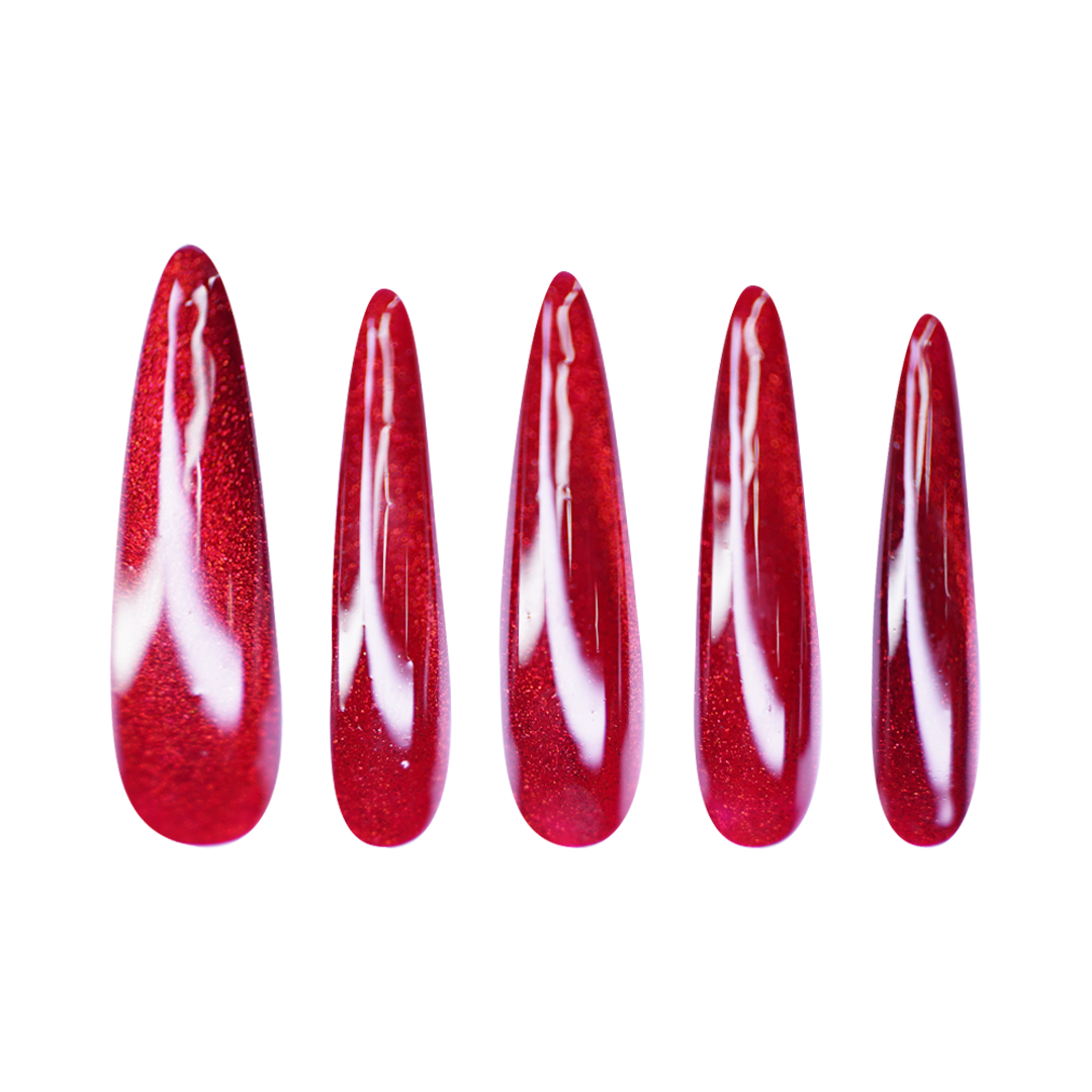 Siva Nail, Ruby Rouge – Red Wine-Shiny Glitter Amber-Red Glass Gel Handmade Press on Nails
