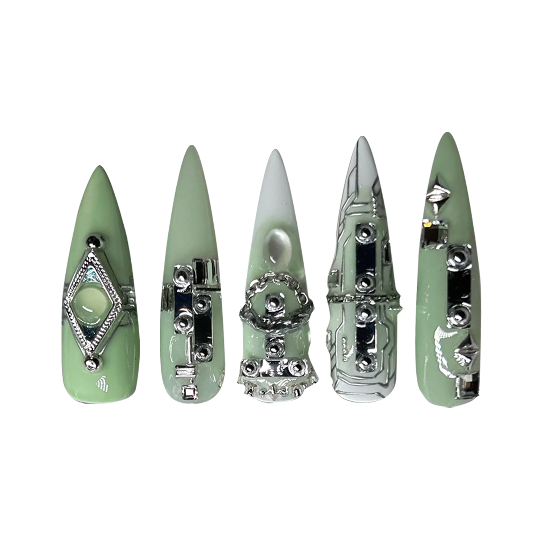 Siva Nail, Sage Nails (Green), Futuristic Glam, Handmade Press on Nails