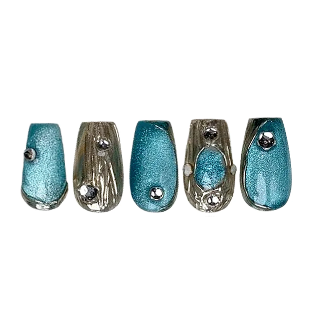 Siva Nail, Seafoam Treasure, Blue Metallic Beach Glitter Handmade Press on Nails