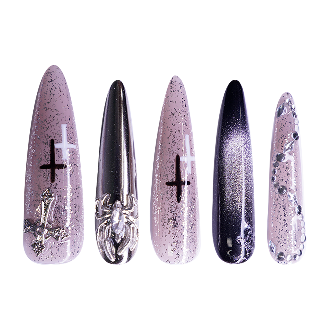 Siva Nail, Silver - Black Bling - Accent Handmade Press on Nails