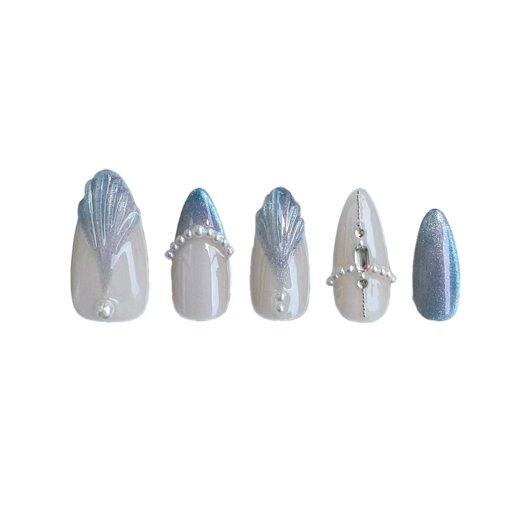 Siva Nail, Silver Shores, Coastal Glamour, Handmade Press on Nails