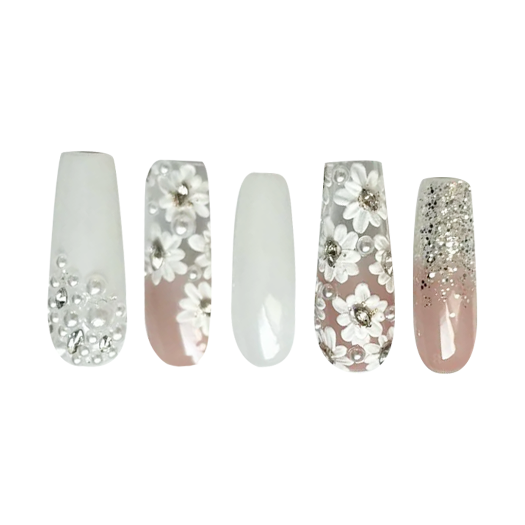 Siva Nail, Snowdrop Elegance, Floral Bliss, Handmade Press on Nails