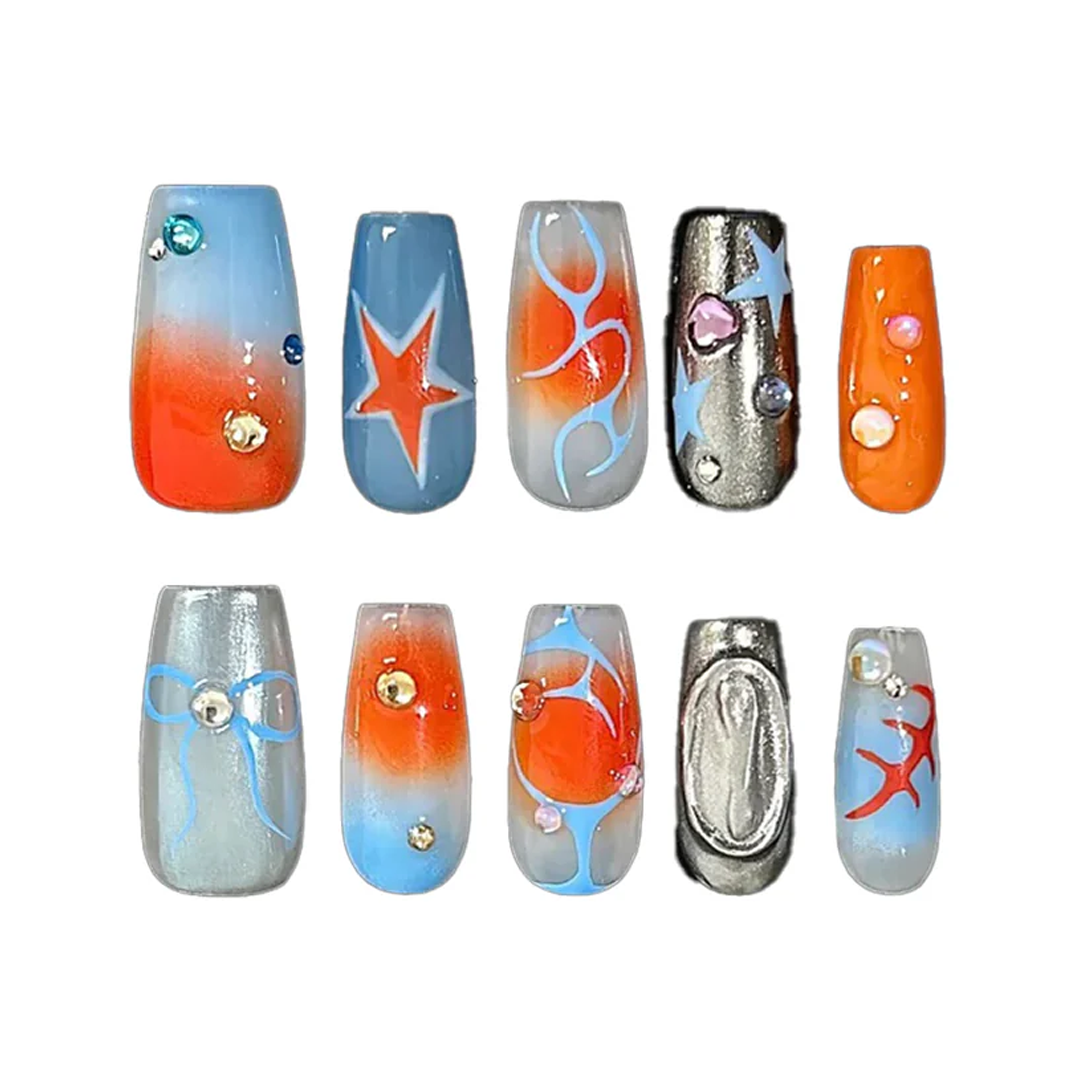 Siva Nail, Solar Drift, Orange-Blue Chrome Handmade Press on Nails