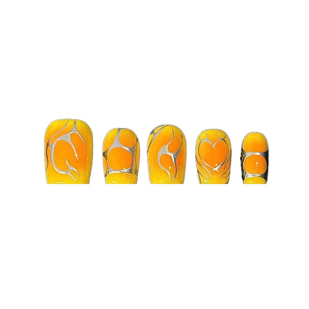 Siva Nail, Solar Flame, Yellow Chrome Heart Handmade Press on Nails