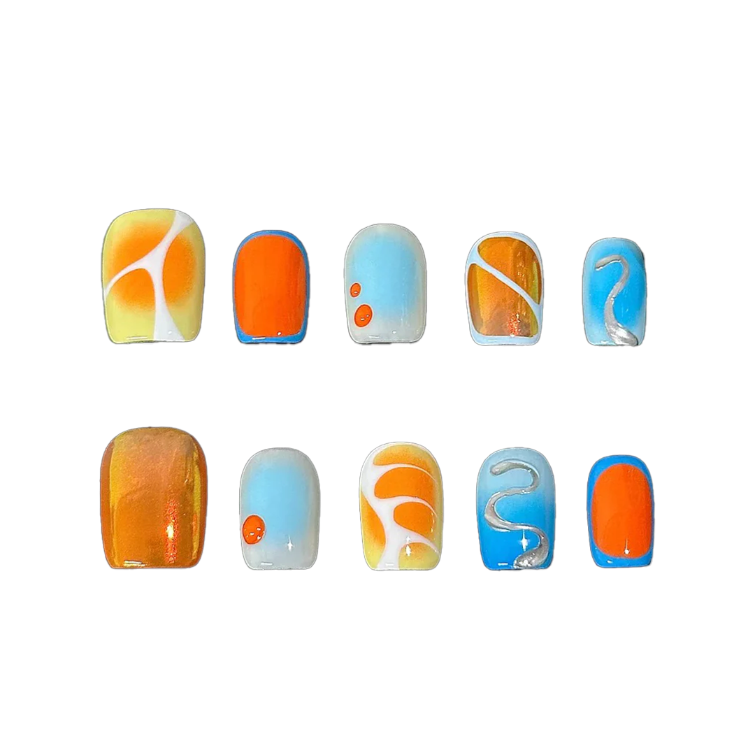 Siva Nail, Solar Swirl, Sunset Chrome Handmade Press on Nails