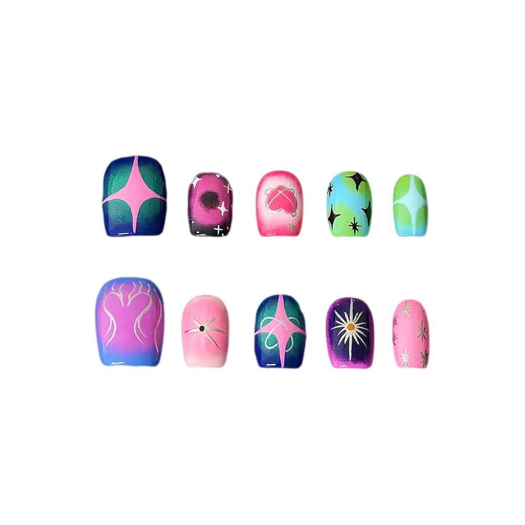 Siva Nail, Stellar Bloom, Neon Cosmic Handmade Press on Nails