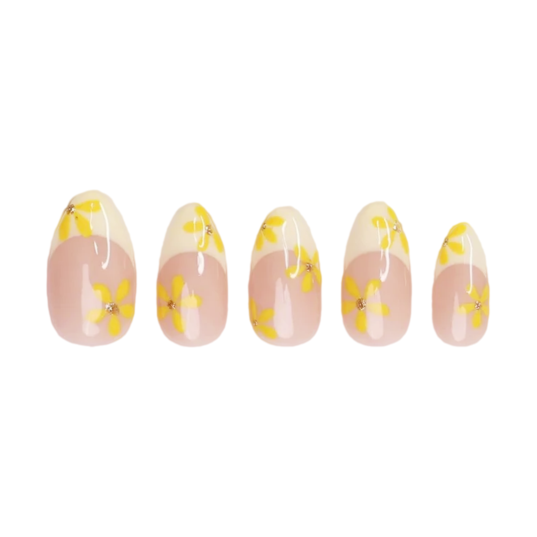 Siva Nail, Sunny Daisy French  – Yellow Accent Set Handmade Press on Nails