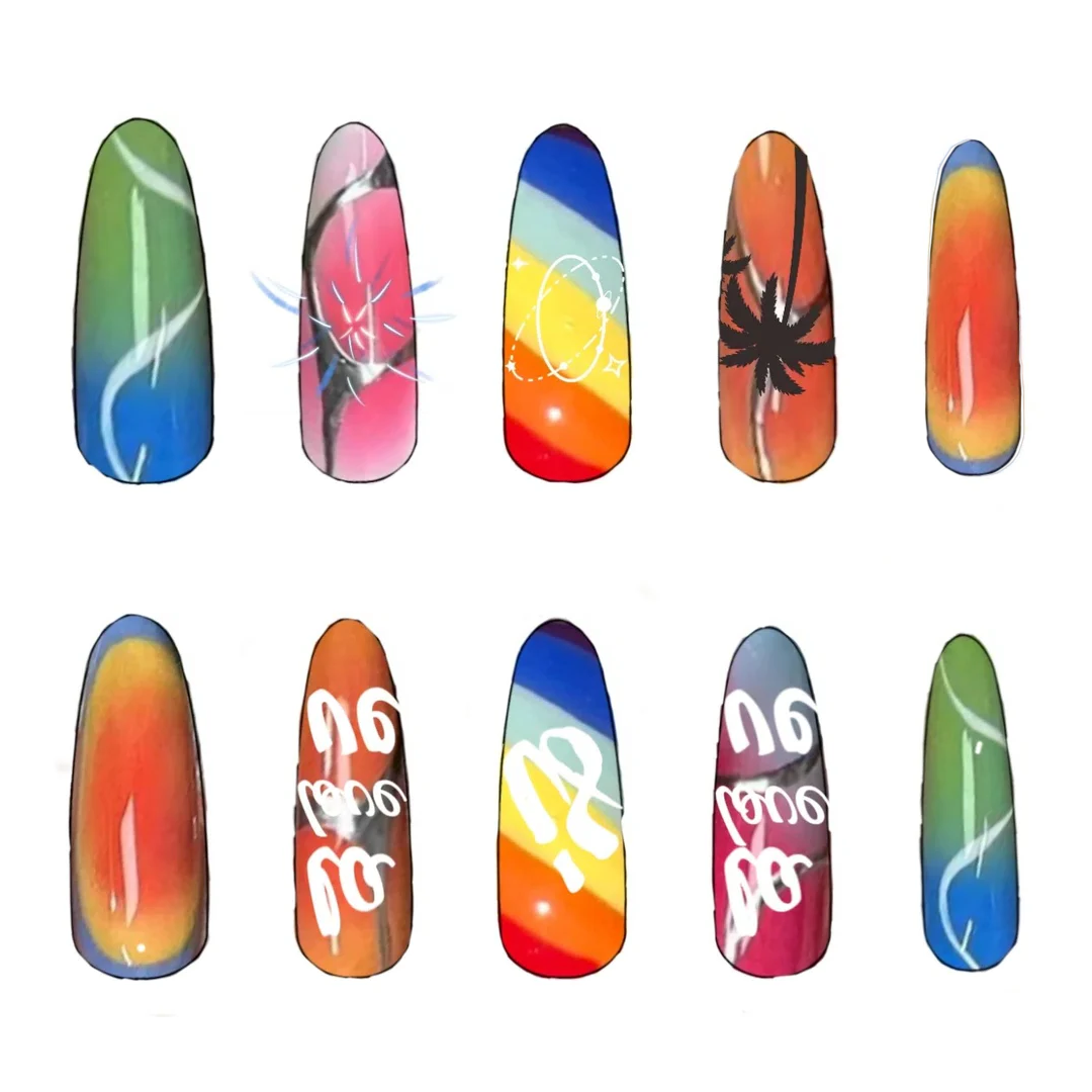 Siva Nail,Sunset Gradient & Palm Tree Rainbow Ombre Handmade Press on Nails