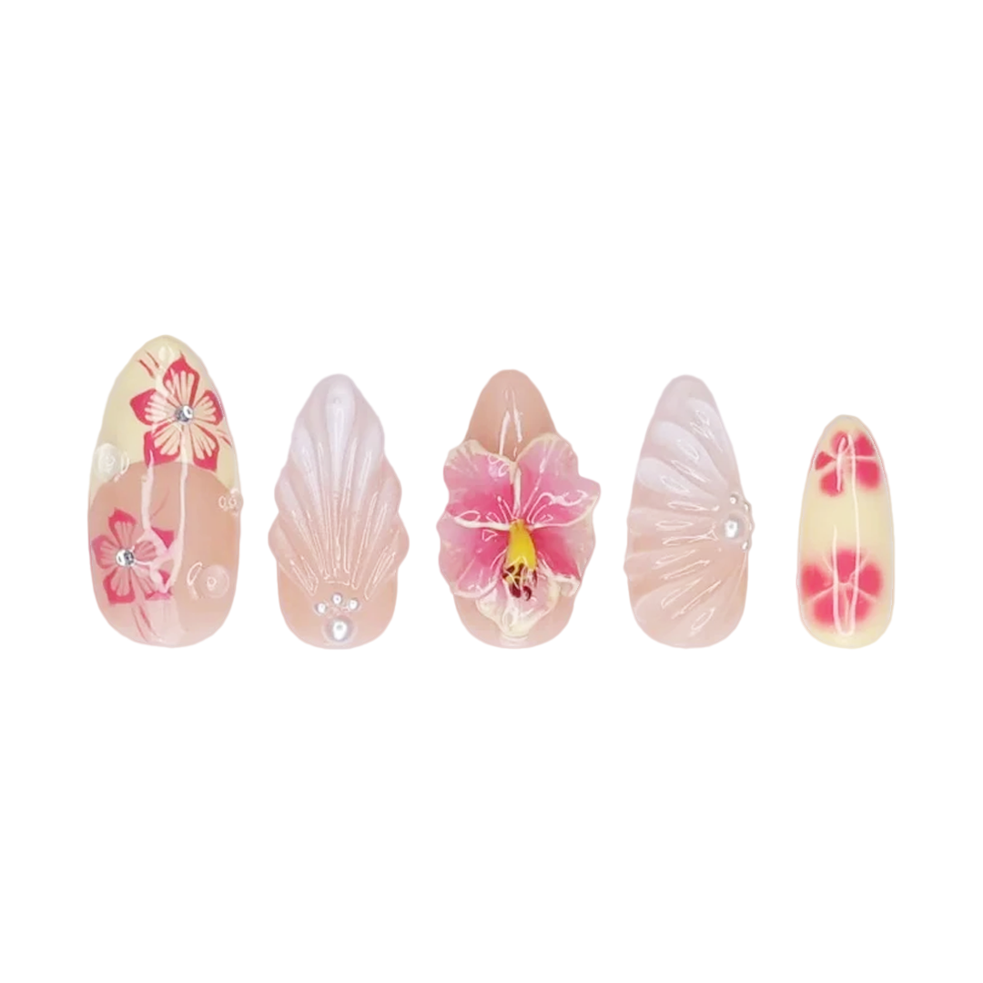 Siva Nail, Tropical Hibiscus & Pearl Shell  Almond  Handmade Press on Nails