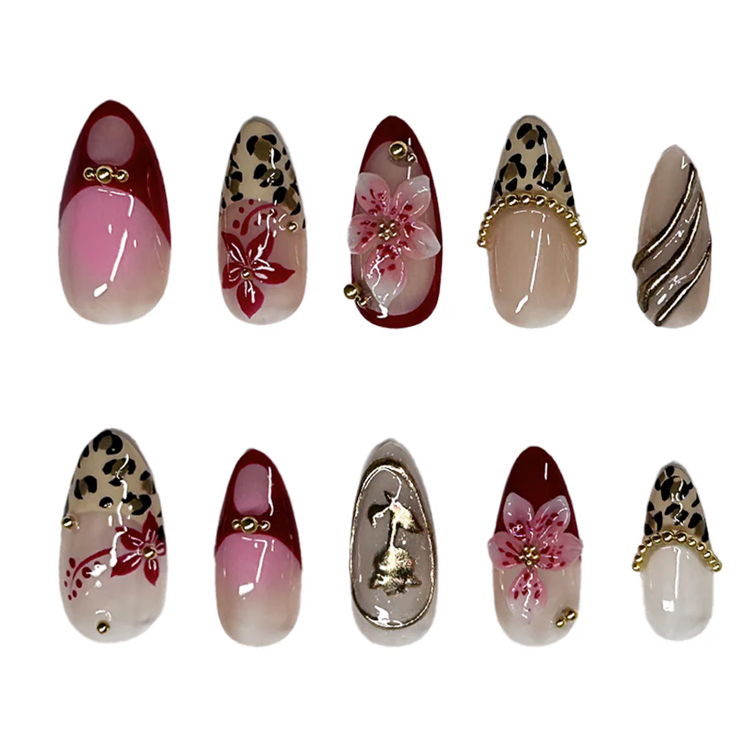 Siva Nail,Tropical Leopard Luxe – 3D Floral & Leopard-Print Handmade Press on Nails