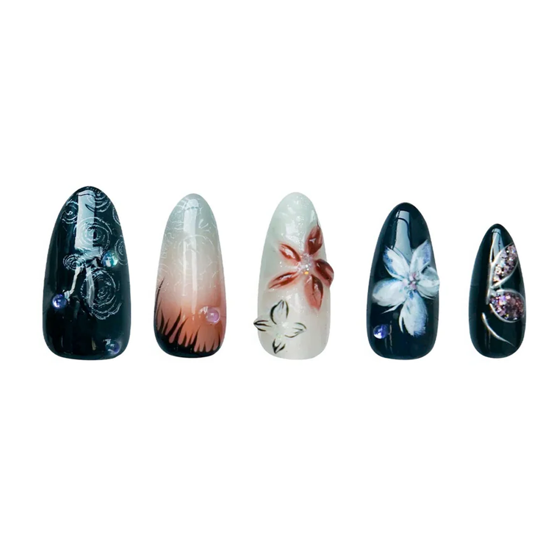 Siva Nail, Twilight Blossom, Artistic Floral, Handmade Press on Nails