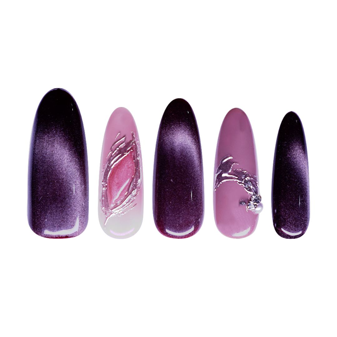 Siva Nail, Velvet Eclipse, Burgundy Chrome Handmade Press on Nails