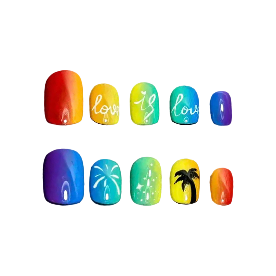 Siva Nail,Vibrant Rainbow Gradient with Abstract Line Art Handmade Press on Nails