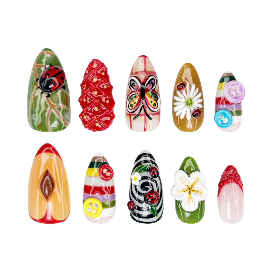 Siva Nail,Whimsical Cottagecore Garden  Strawberry & Ladybug Art Handmade Press on Nails