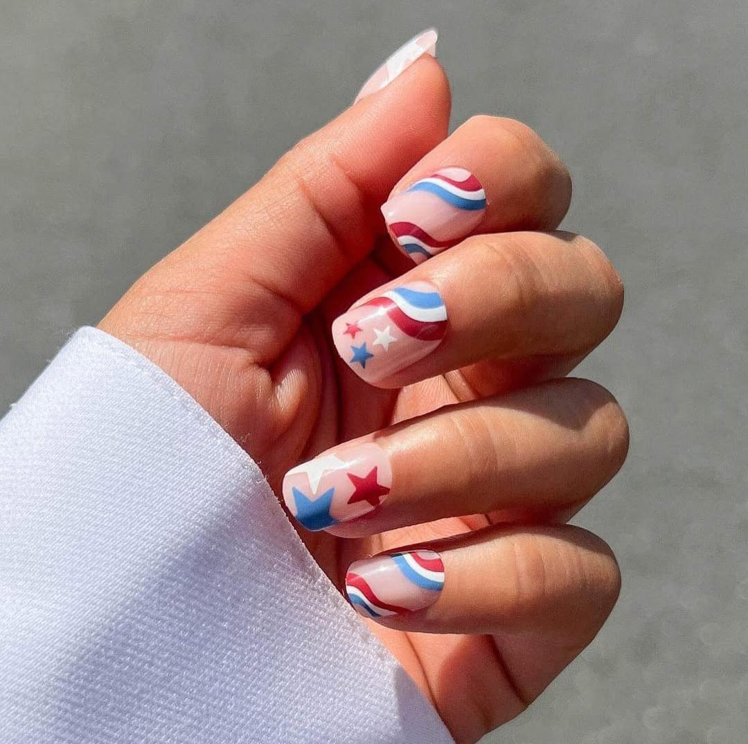 Siva Nail, Patriotic Wave, Wavy Stripes Stars Handmade Press on Nails