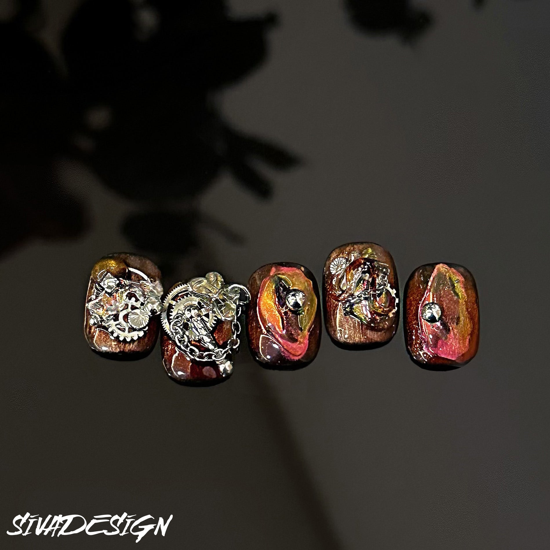 Siva Nail, Steampunk Fantasy, Bold Steampunk, Handmade Press on Nails