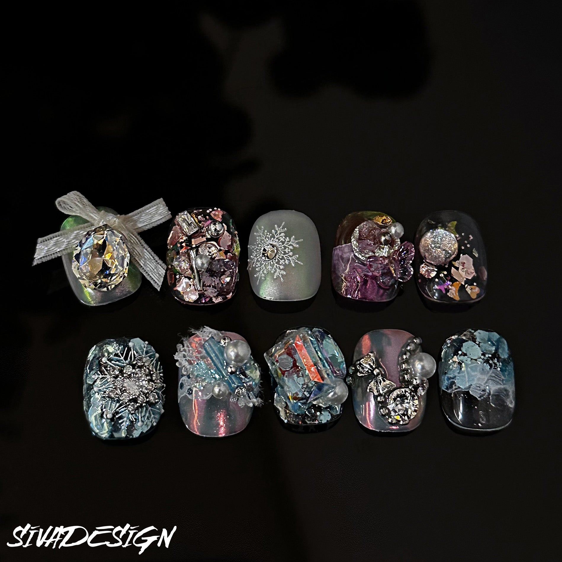 Siva Nail, Winter Wonderland, Crystal Charm, Handmade Press on Nails