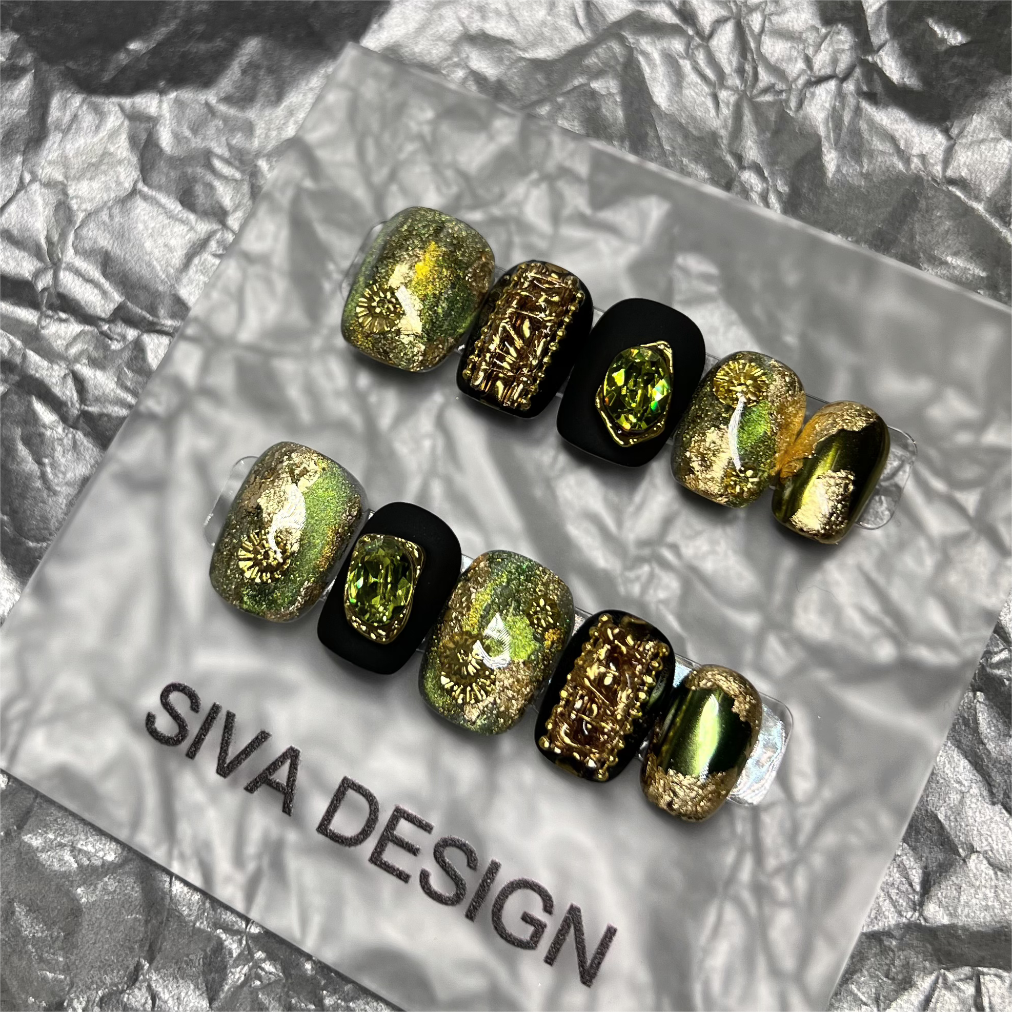 Siva Nail, Dopamine Green Glow, Abstract Art, Handmade Press on Nails