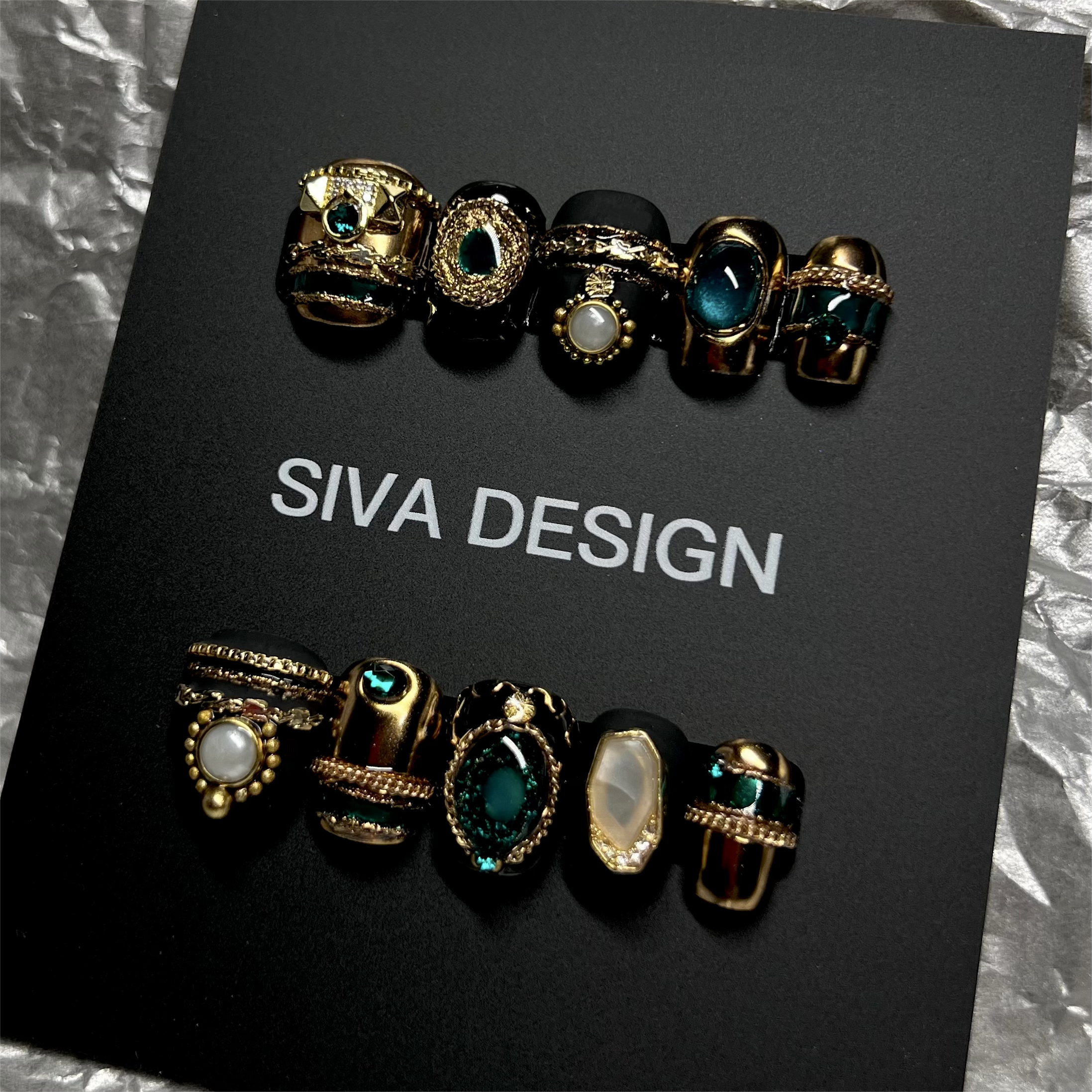 Siva Nail, Opulent Orbit, Abstract Mystical Black Dazzling, Handmade Press on Nails