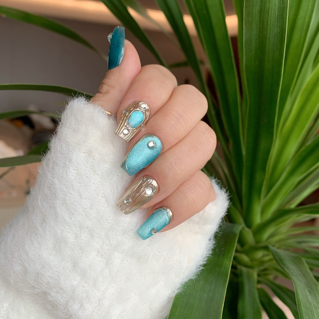 Siva Nail, Seafoam Treasure, Blue Metallic Beach Glitter Handmade Press on Nails