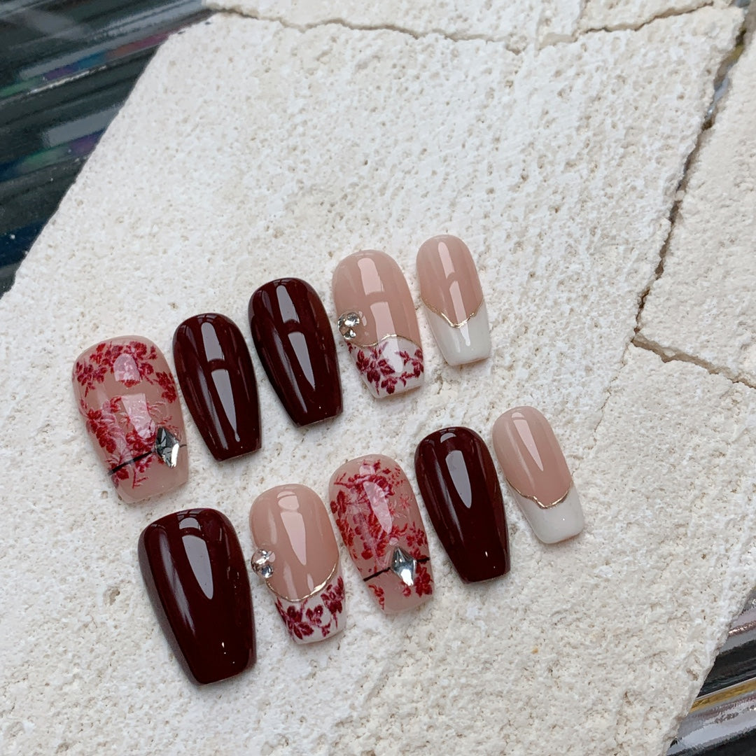 Siva Nail, Bordeaux Cascade, Fall Classic, Handmade Press on Nails