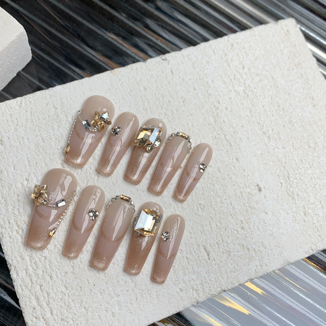 Siva Nail, Cream Stream, Nude Rhinestone Accent Acrylic Press on Nails