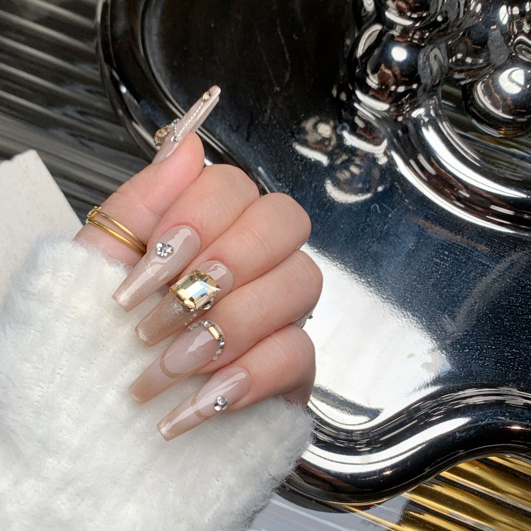 Siva Nail, Cream Stream, Nude Rhinestone Accent Acrylic Press on Nails