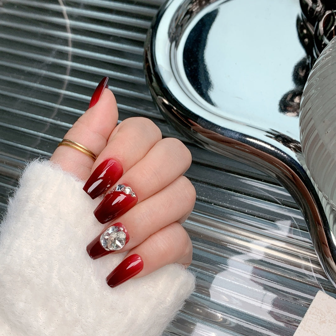 Siva Nail, Cherry Sparkle, Glamorous Red Gradient Press on Nails