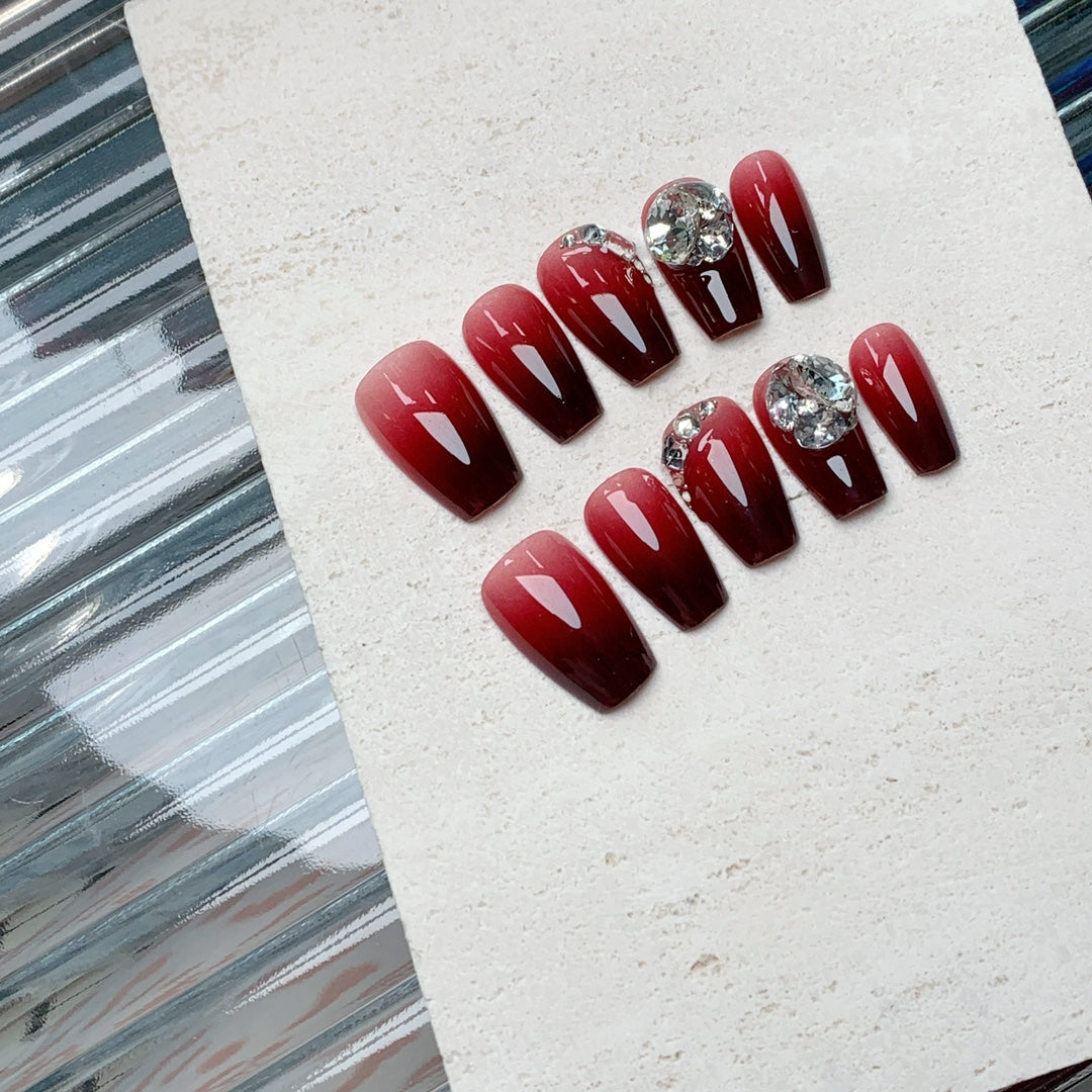 Siva Nail, Cherry Sparkle, Glamorous Red Gradient Press on Nails