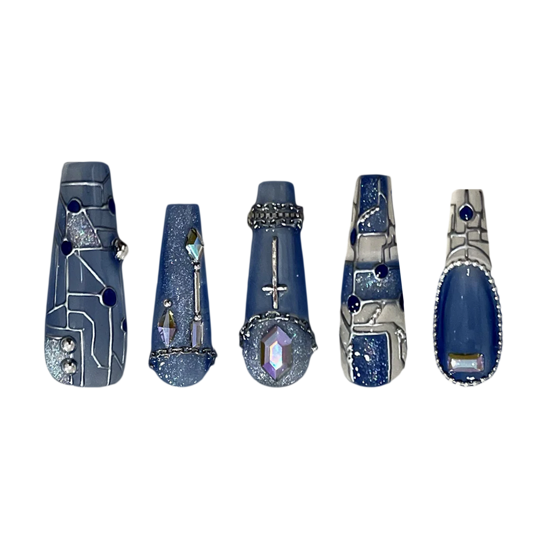 Siva Nail, Sapphire Circuit, Futuristic Style Handmade Press on Nails