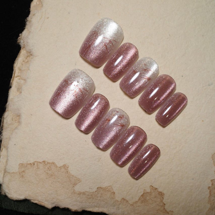 Siva Nail, Frosted Rose, Shimmering Pink Ombre, Acrylic Handmade Press on Nails