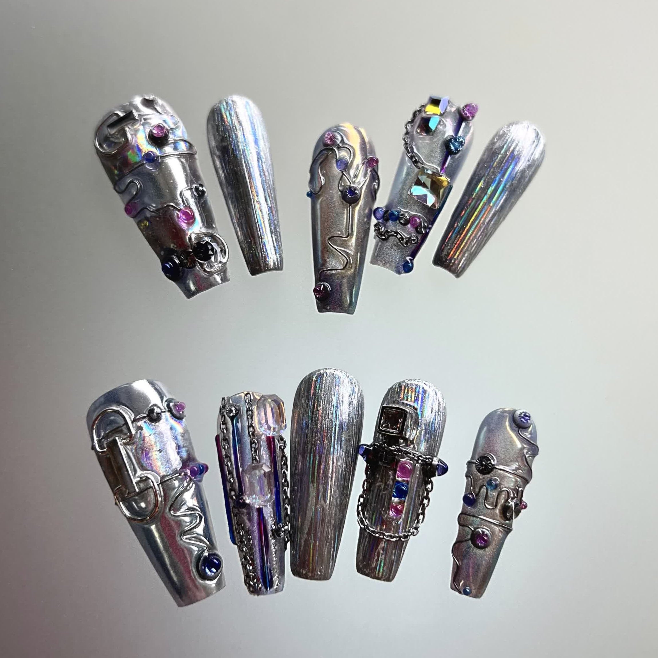 Siva Nail, Holo Chrome Pulse, Avant-Garde Style Handmade Press on Nails