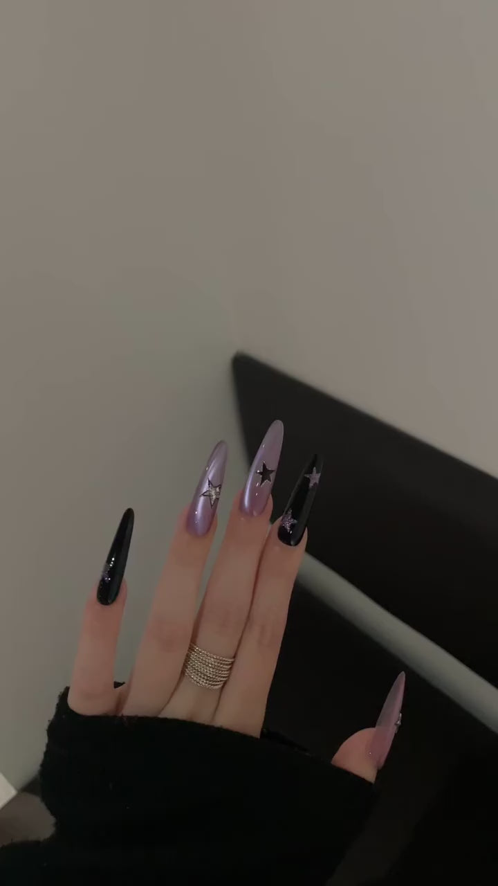 Siva Nail, Purple - Black Star - Accent Handmade Press on Nails