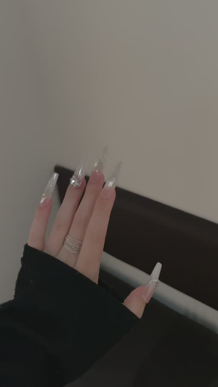 Siva Nail, Silver Sparkle & Crystal - Studded Handmade Press on Nails