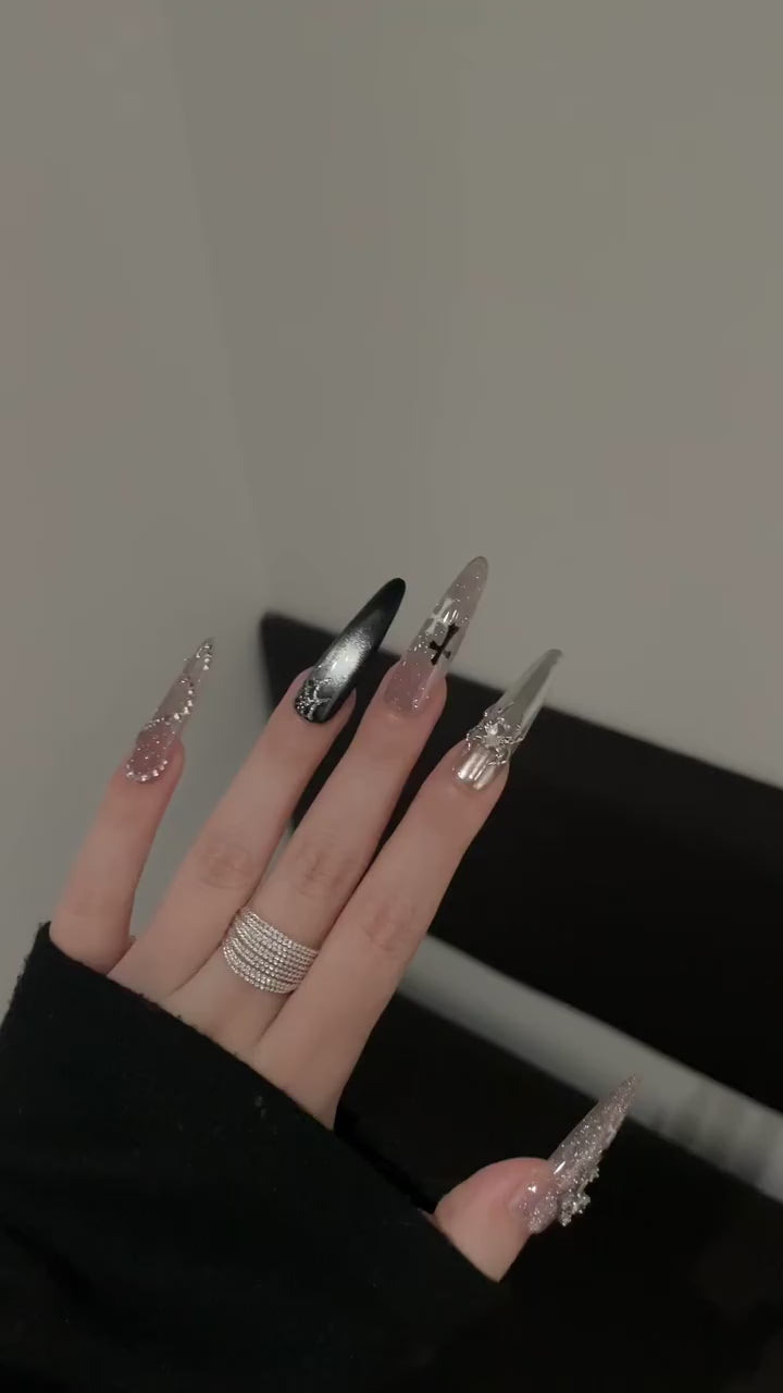 Siva Nail, Silver - Black Bling - Accent Handmade Press on Nails