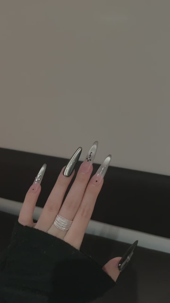 Siva Nail, Edgy Silver - Black Accent Handmade Press on Nails